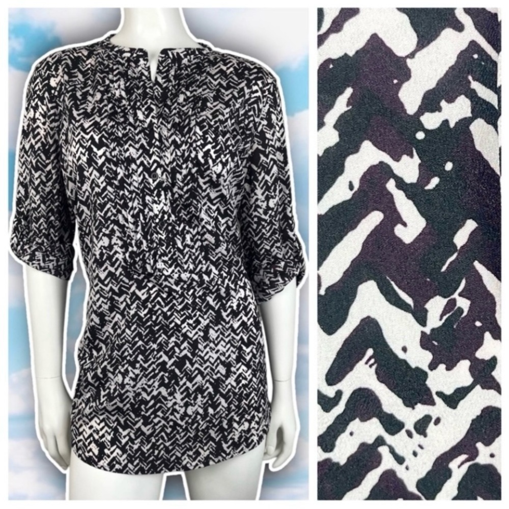 ❤️ CALVIN KLEIN Abstract Chevron Split Neck Tunic Blouse Funky Career Office CK